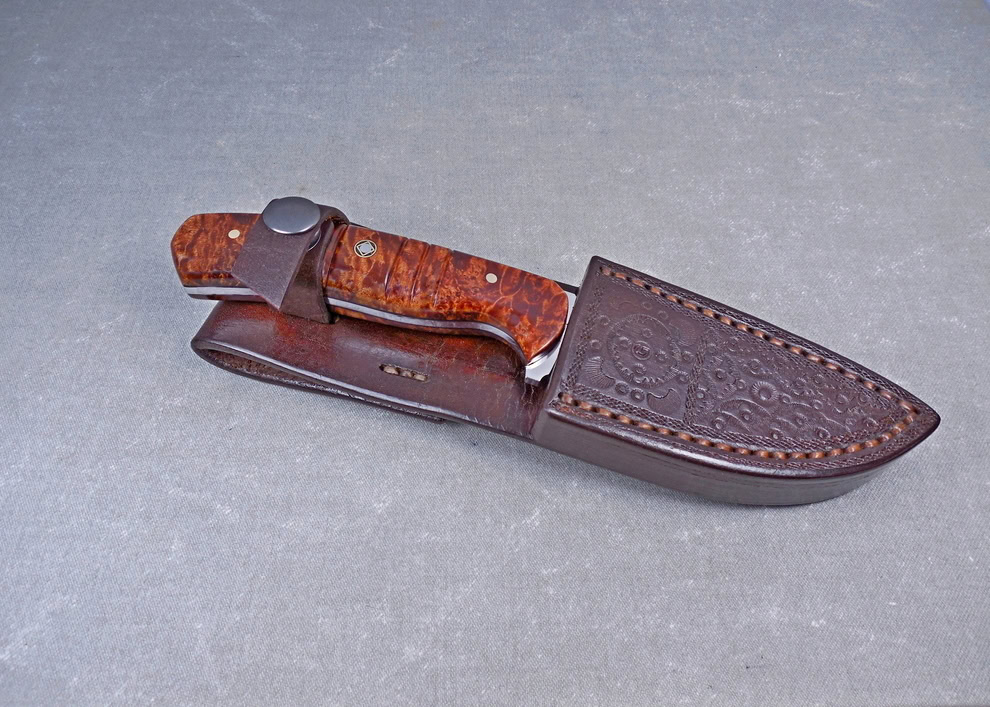 H5 Burled Maple Hunting Knife inside handmake leather sheath