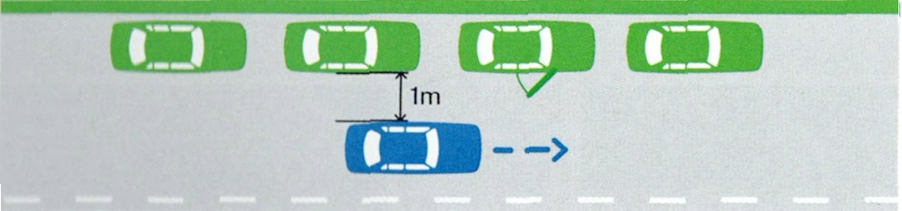 Learner driver diagram showing a car buffering at least 1 metre of clearance from oncoming traffic.