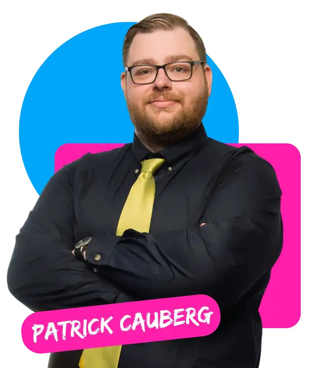 Bild von Patrick Cauberg mit Banner, Kreis und Quadrat in den Farben vom Versicherungsberg