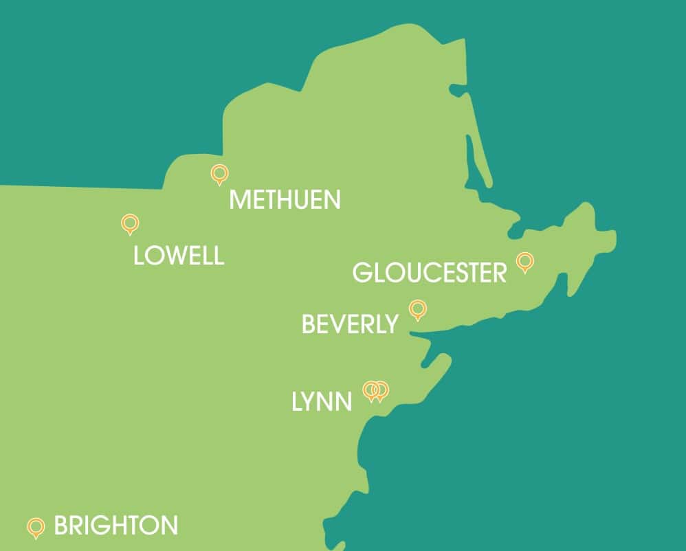 Element Care Locations Map: Brighton, Lowell, Methuen, Gloucester, Beverly, and Lynn