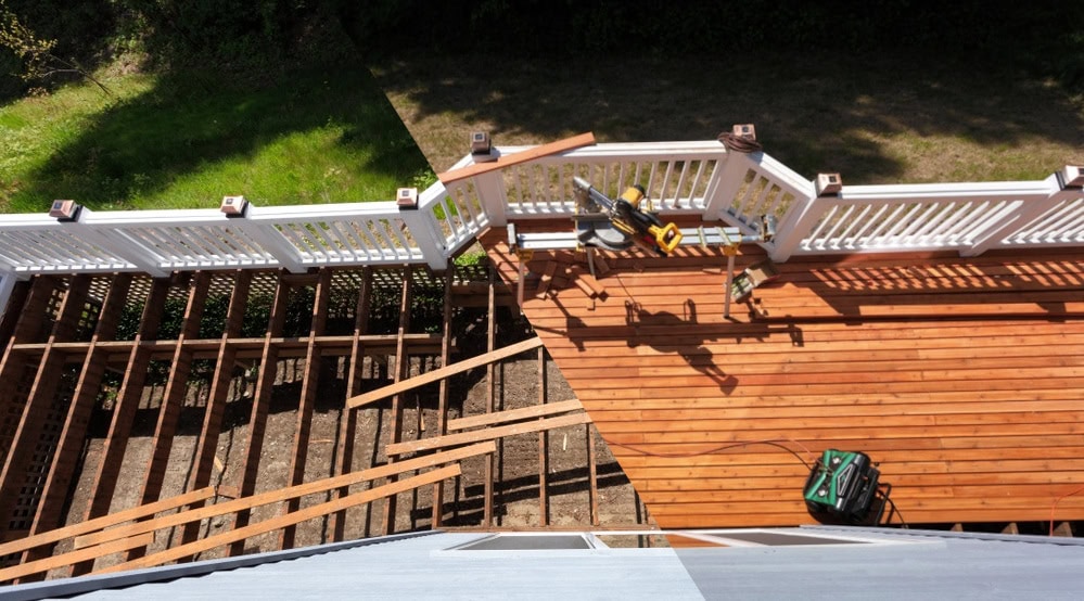 A split-view image showing a deck under construction with exposed joists and a finished wooden deck with a miter saw in Coeur D'Alene, Idaho.