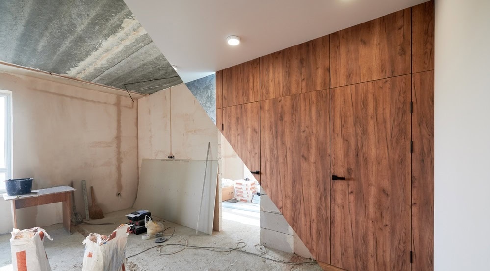 Before and after home renovation in Coeur D'Alene showing unfinished drywall construction transitioning into custom wood cabinetry installation.