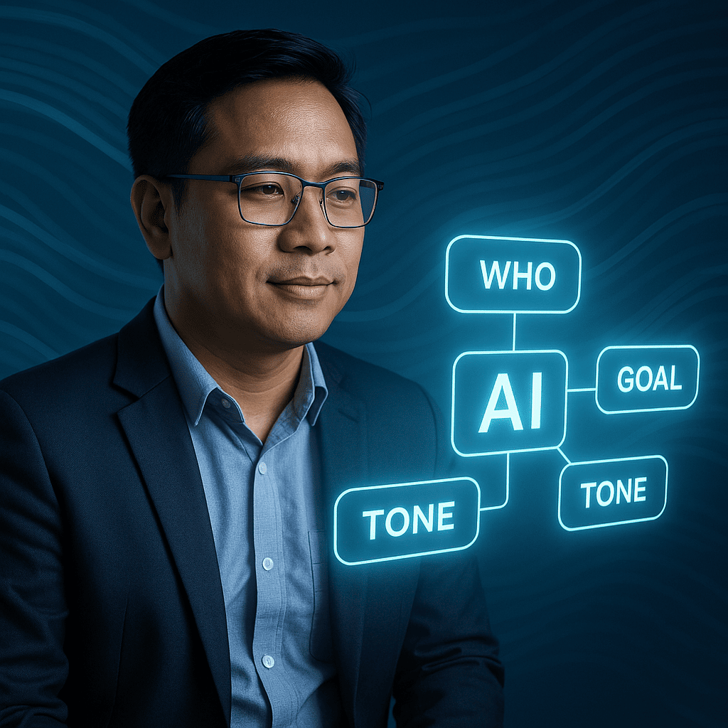 Filipino entrepreneur studying AI prompt strategy with glowing interface elements, learning prompt mapping for AI