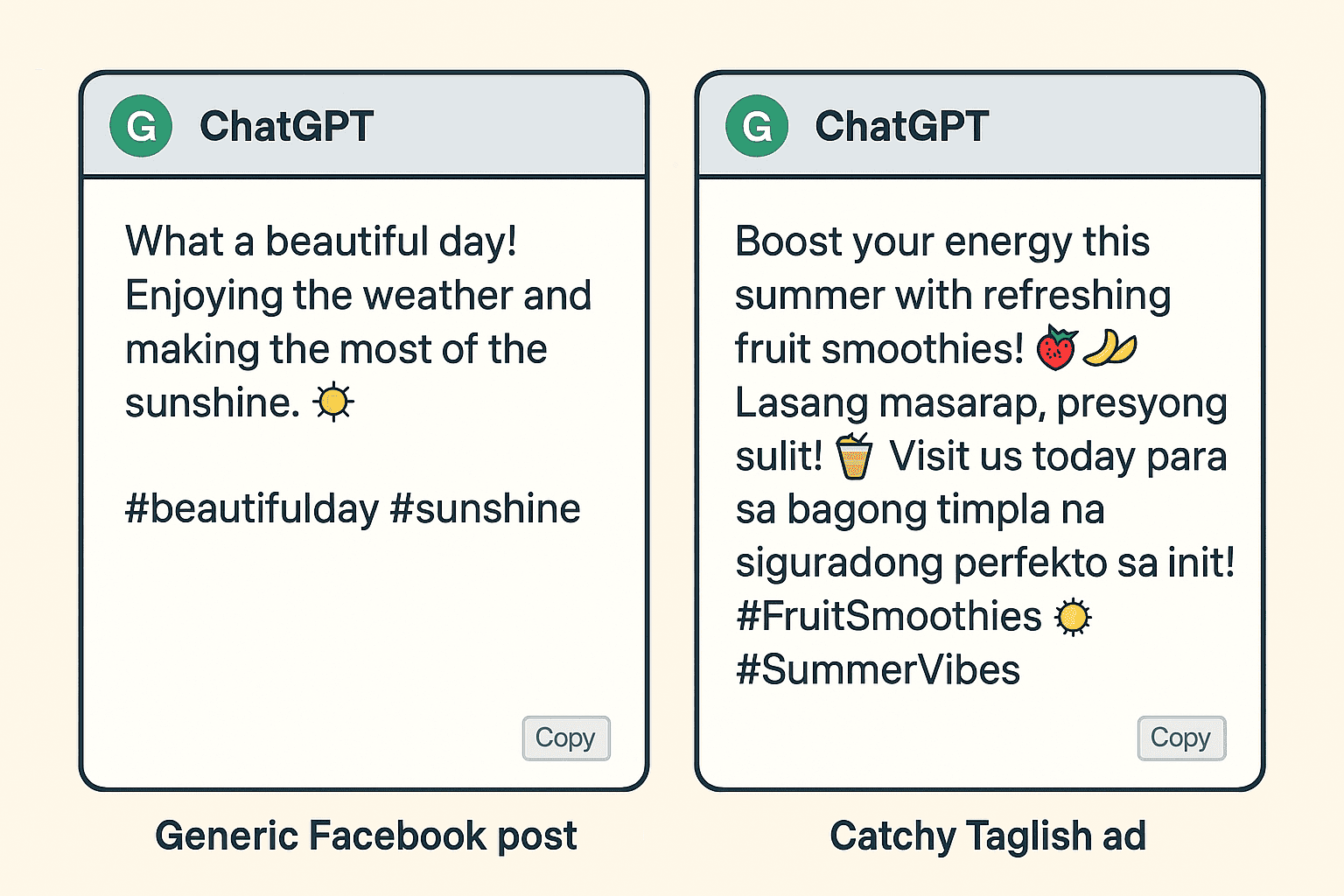 Side-by-side example of generic vs. optimized Facebook post from prompt mapping for ai