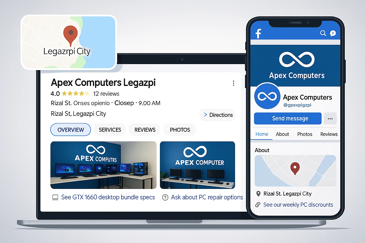 Local business page optimized for Google and Facebook