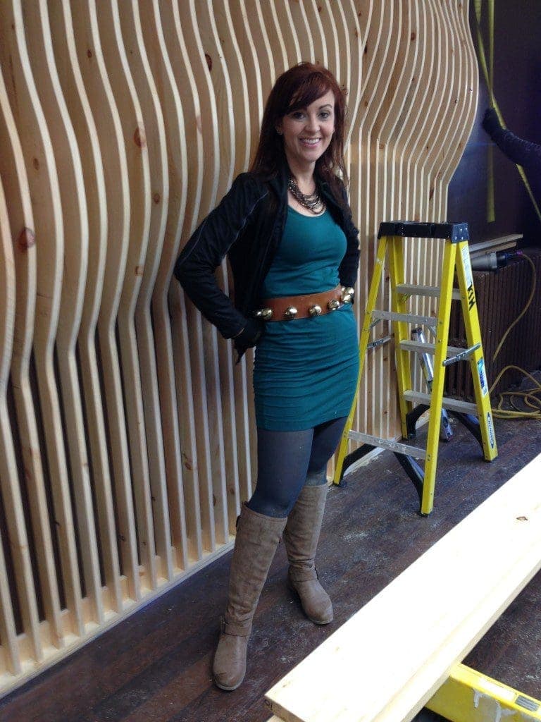 Theresa showing off her bell t at Holmesburg Bakery MyFixitUpLife Steampunked an Industrial Organic design makeover for Food Networks Save My Bakery MyFixitUpLife MyFixitUpLife Theresa showing off her 'bell-t' at Holmesburg Bakery for Save My Bakery