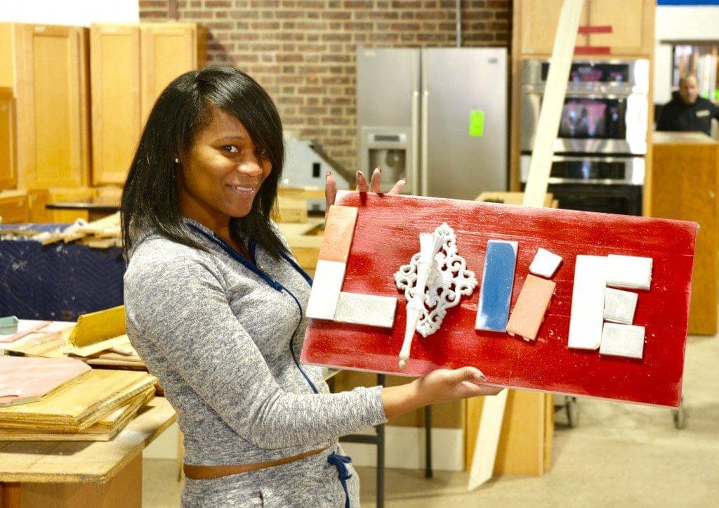 2015 MyFixitUpLife Habitat DIY WorkShop DSC 7048 15 DIYers made wall art with me at Habitat for Humanity ReStore in Philly MyFixitUpLife MyFixitUpLife Jessica Massaquoi made this Love wall art with a wall sconce and tile at the Habitat for Humanity ReStore workshop