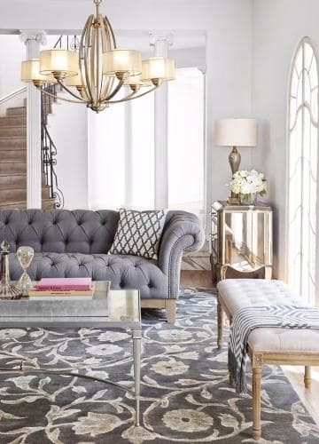 2016 Hoss MyFixitUpLife living room LampsPlus metalmix Mixing metals is on trend Lets talk the how to do it and the why MyFixitUpLife MyFixitUpLife Mixing metals Parisian pied a terre city apartment living room mixes metals of brass in the chandelier with nickel in the coffee table