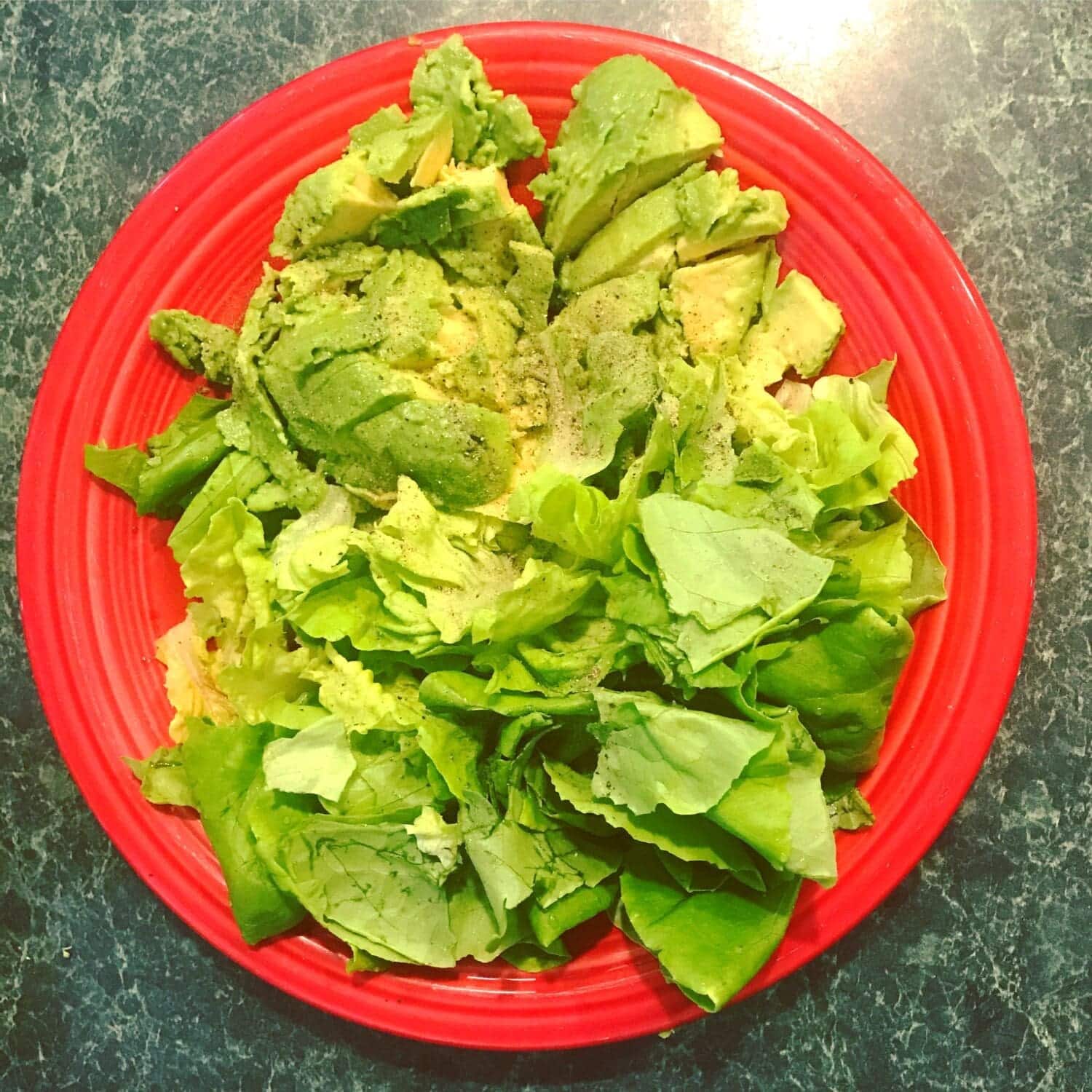 Salad avocado red plate Alzheimers disease MyFixitUpLife Theresa Make Meals Easier for Alzheimers with Easy Design Tips MyFixitUpLife Salad avocado red plate Make meals easier for Alzheimer's disease_MyFixitUpLife