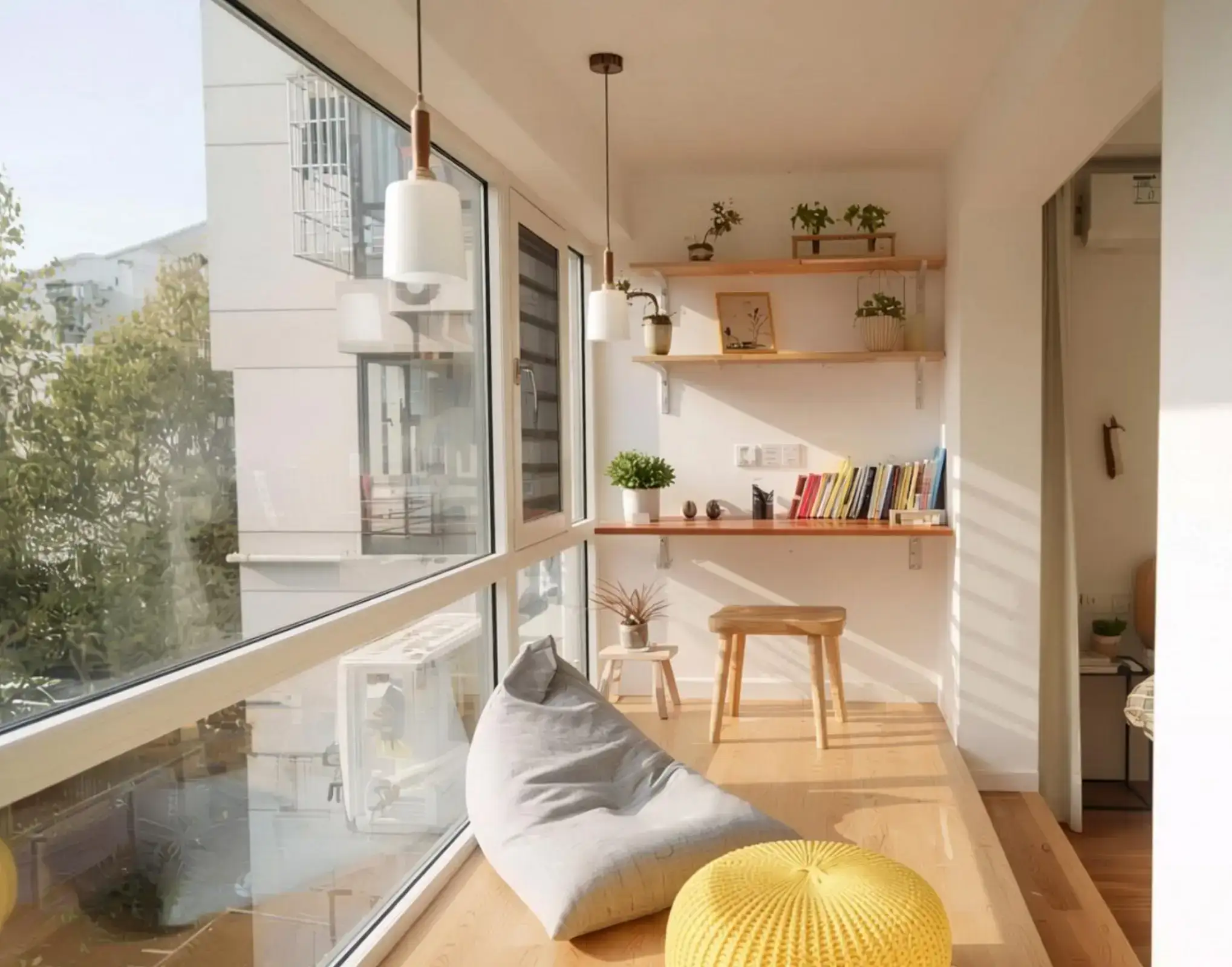 Wide-angle balcony with floor-to-ceiling Seamless aluminium windows offering panoramic city views, natural light, and ventilation