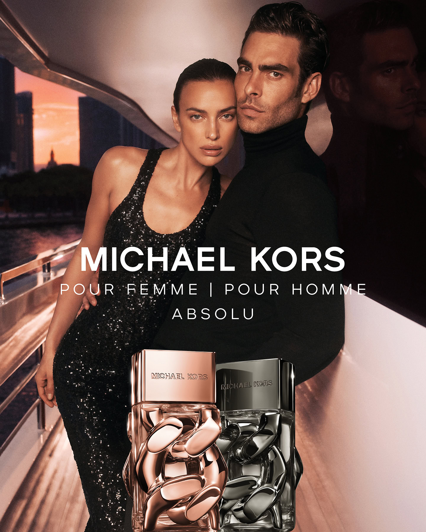 Michael Kors Pour Femme Absolu and Pour Homme Absolu campaign 2025 – Miami sunset backdrop with Irina Shayk and Jon Kortajarena