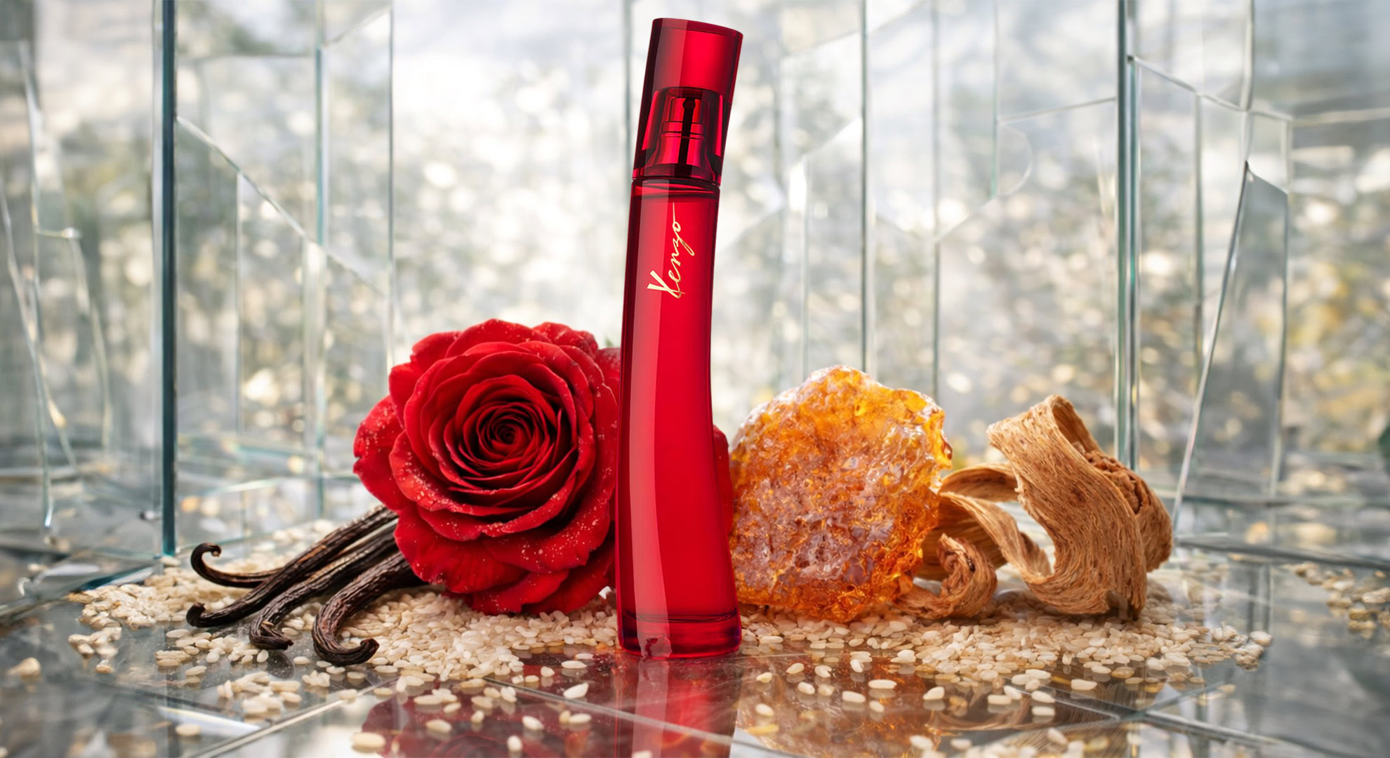 Kenzo Le Rouge Flower Eau de Parfum bottle – floral gourmand perfume with Damask rose, Amberever®, vanilla, and sandalwood
