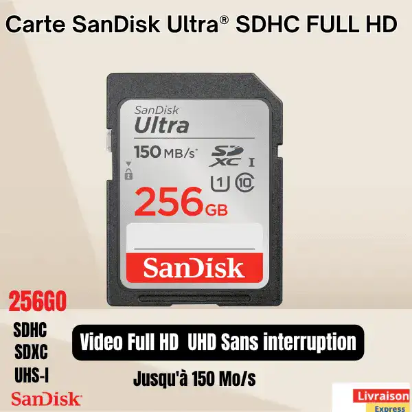 Carte SanDisk Ultra 256GO SDHC™ , SDXC™ ,SDCARD , UHS-I FullHD