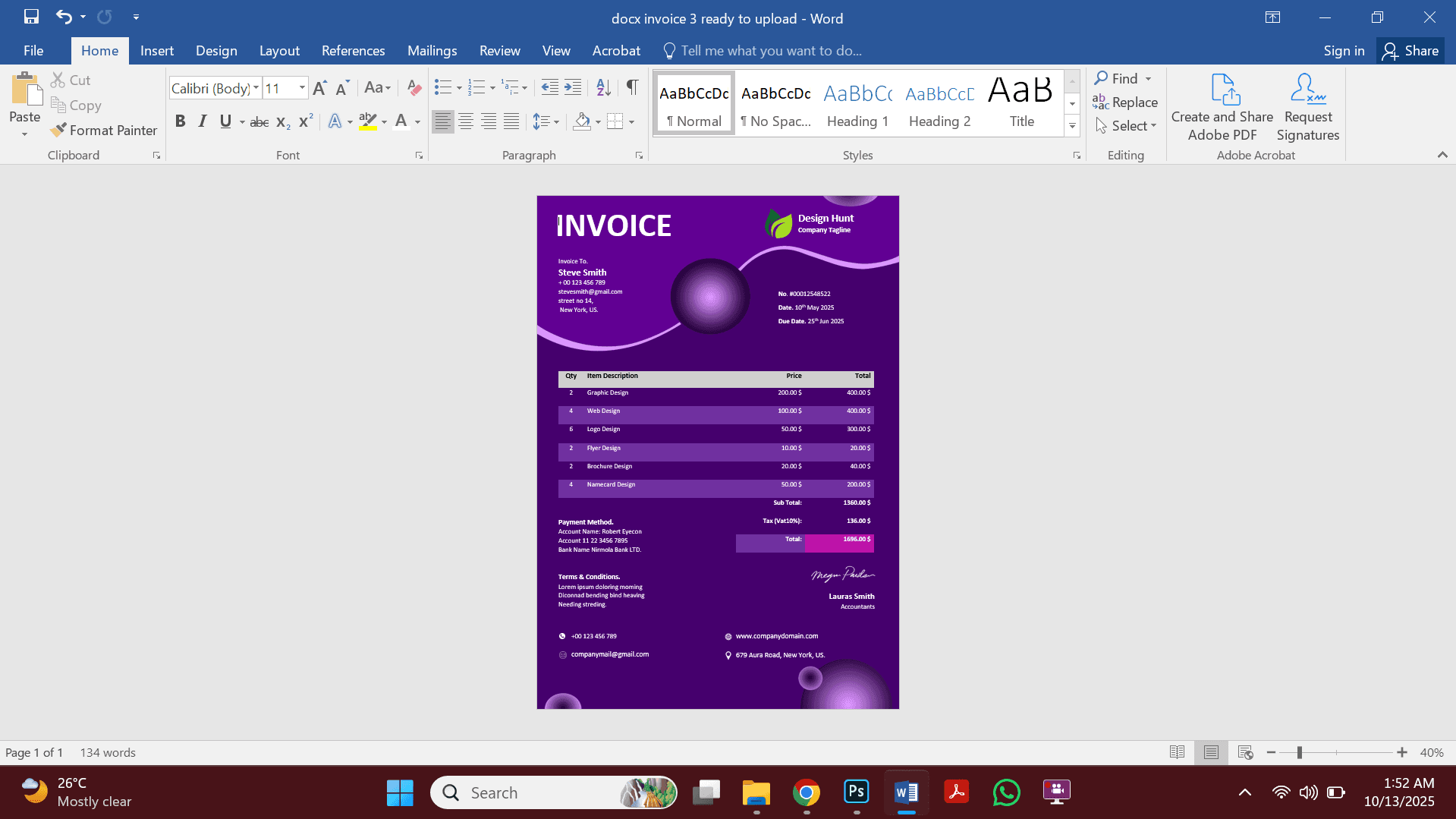 Professional MS Word Invoice Template Preview
