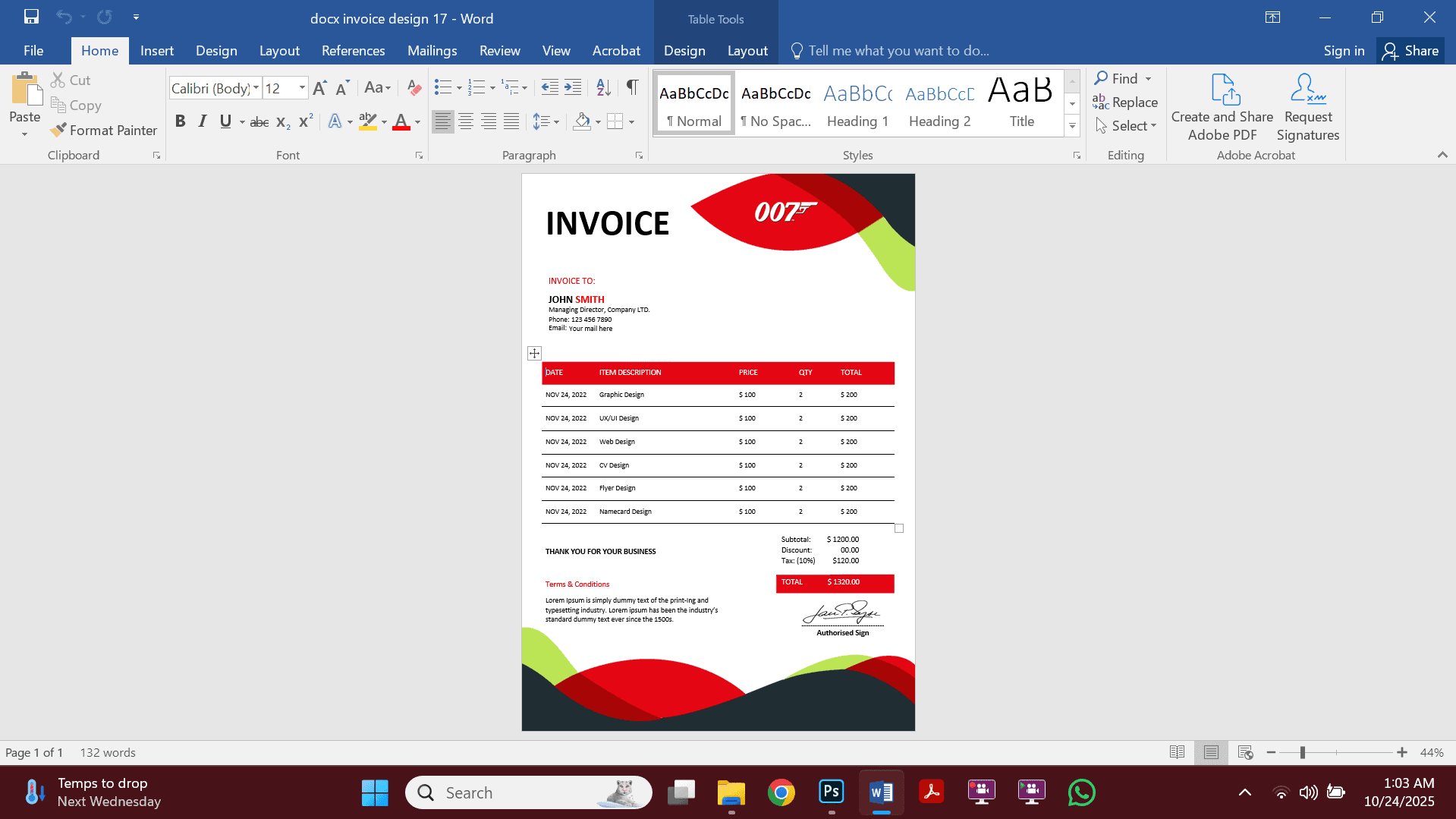 MS Word Sales Invoice Template Design