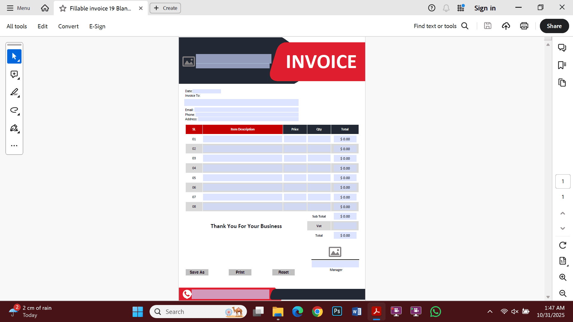 Fillable PDF Invoice Design 19 - Your Professional Invoicing Solution