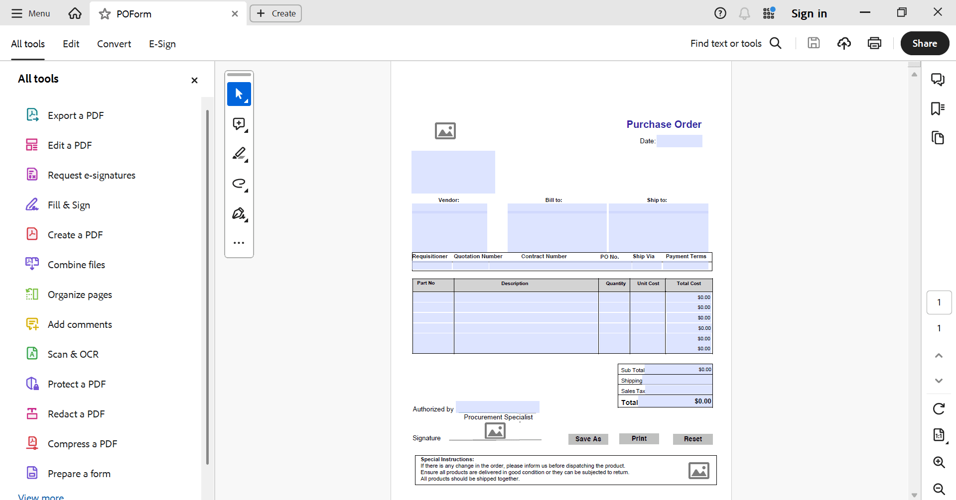 Professional Purchase Order Template PDF Preview