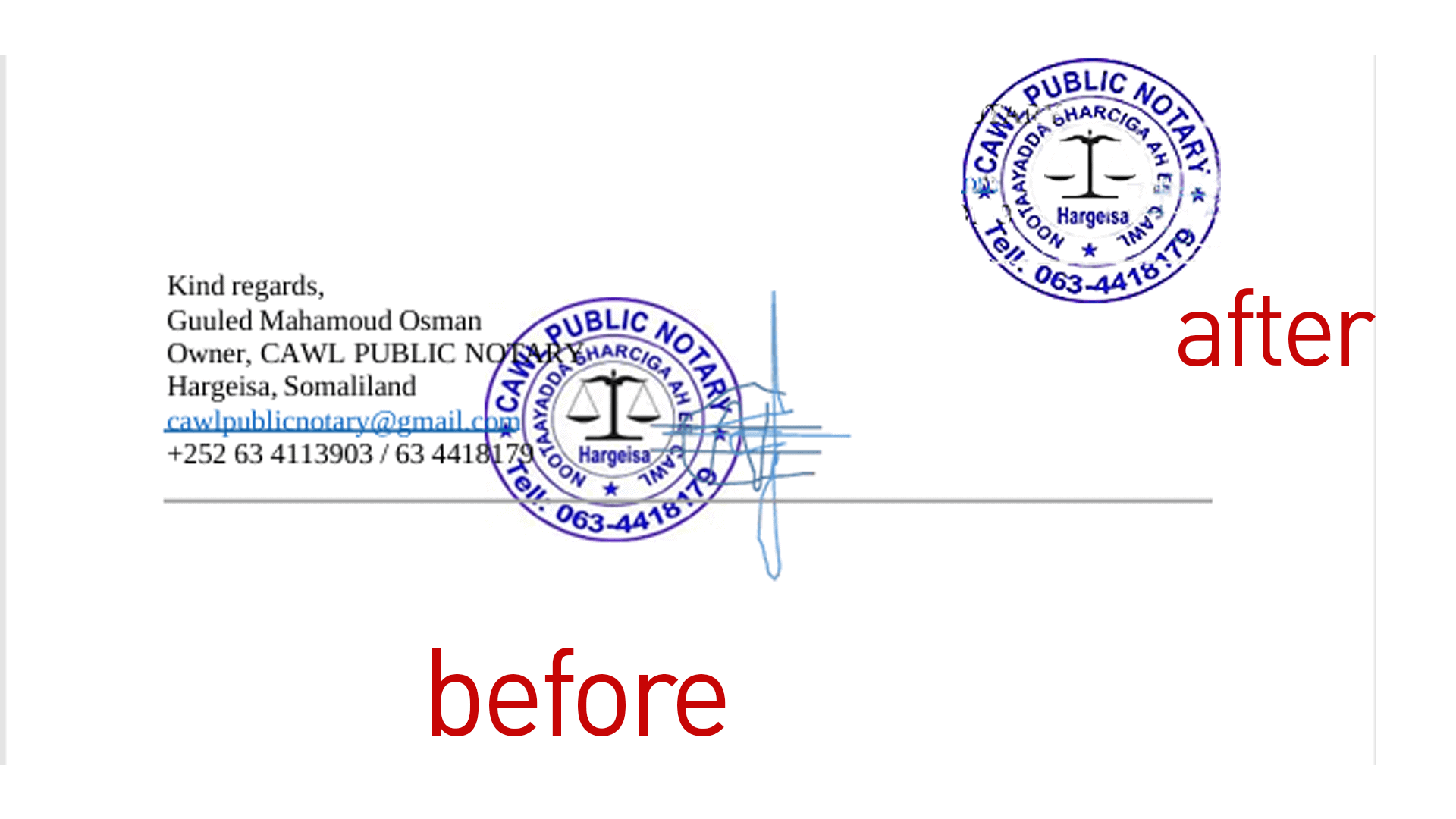 Document editor freelancer sample: before and after correction preview