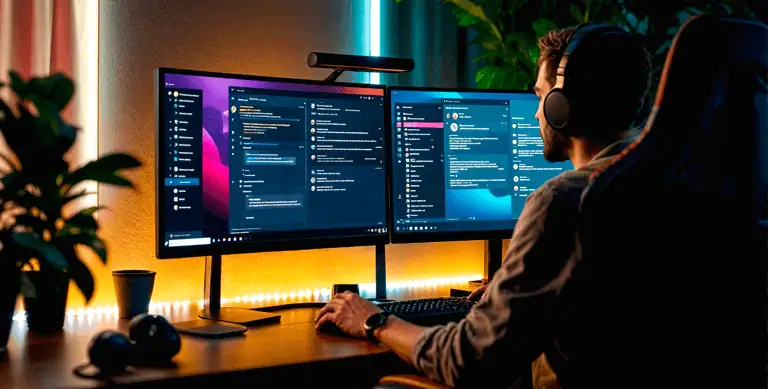Web designer sat at computer with two monitor screens at night