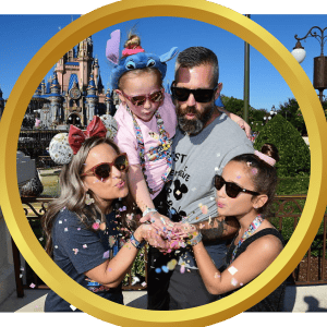 Family enjoying a magical day at Disney theme park, capturing joyful moments with Disney Castle in the background.