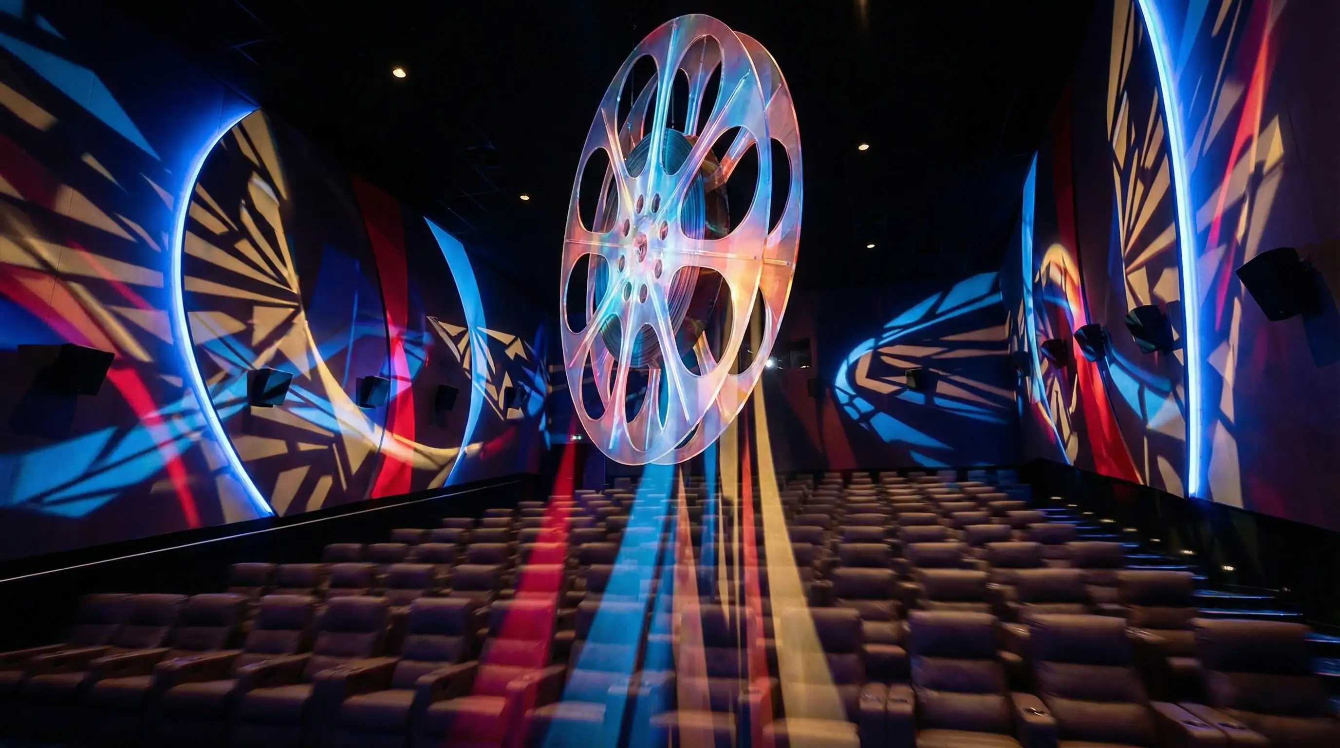 Abstract depiction of a cinema auditorium with vibrant lighting and a film reel.