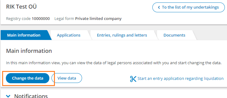 Change data view for share capital contribution OÜ in the Estonian Business Register