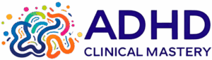 ADHD Clinical Mastery Horizontal Logo with colourful brain logo