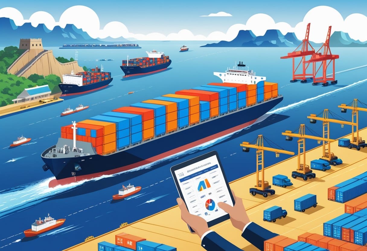 A businessperson reviews shipping options on a tablet while a cargo ship travels from a Chinese port to a US port with containers being loaded and unloaded.