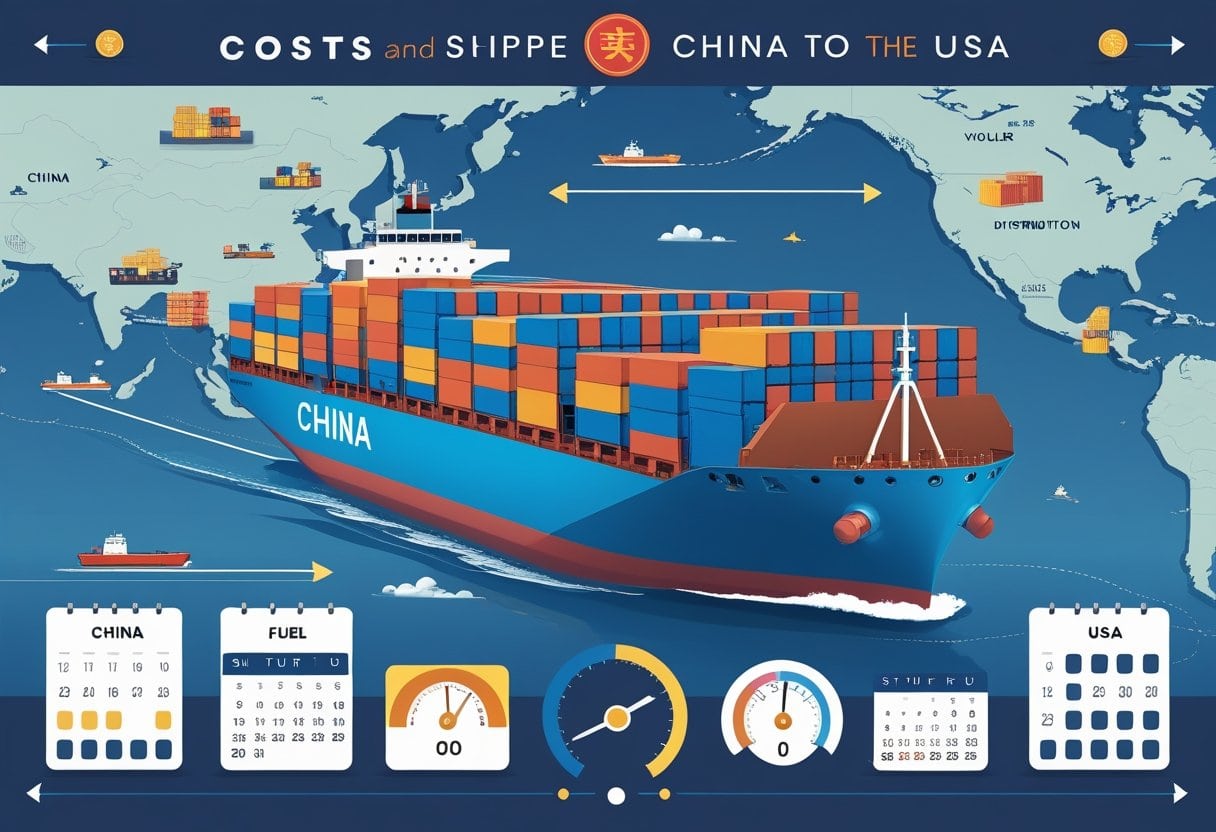 A cargo ship carrying containers sailing between China and the USA, with a map showing both countries and icons representing factories, ports, and pricing factors like weight, fuel, and currency.