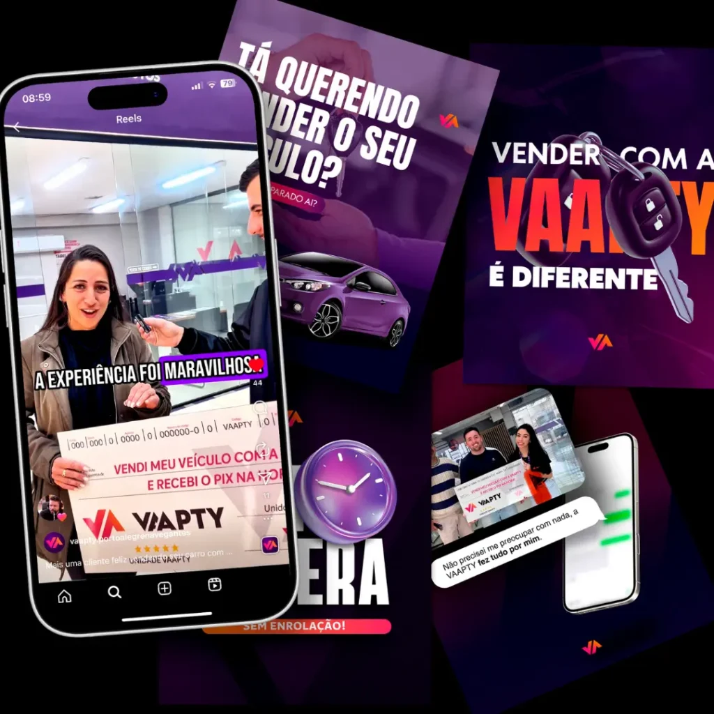 Celular mostrando uma criação de conteúdo e fundo com criativos feitos para a VAAPTY.