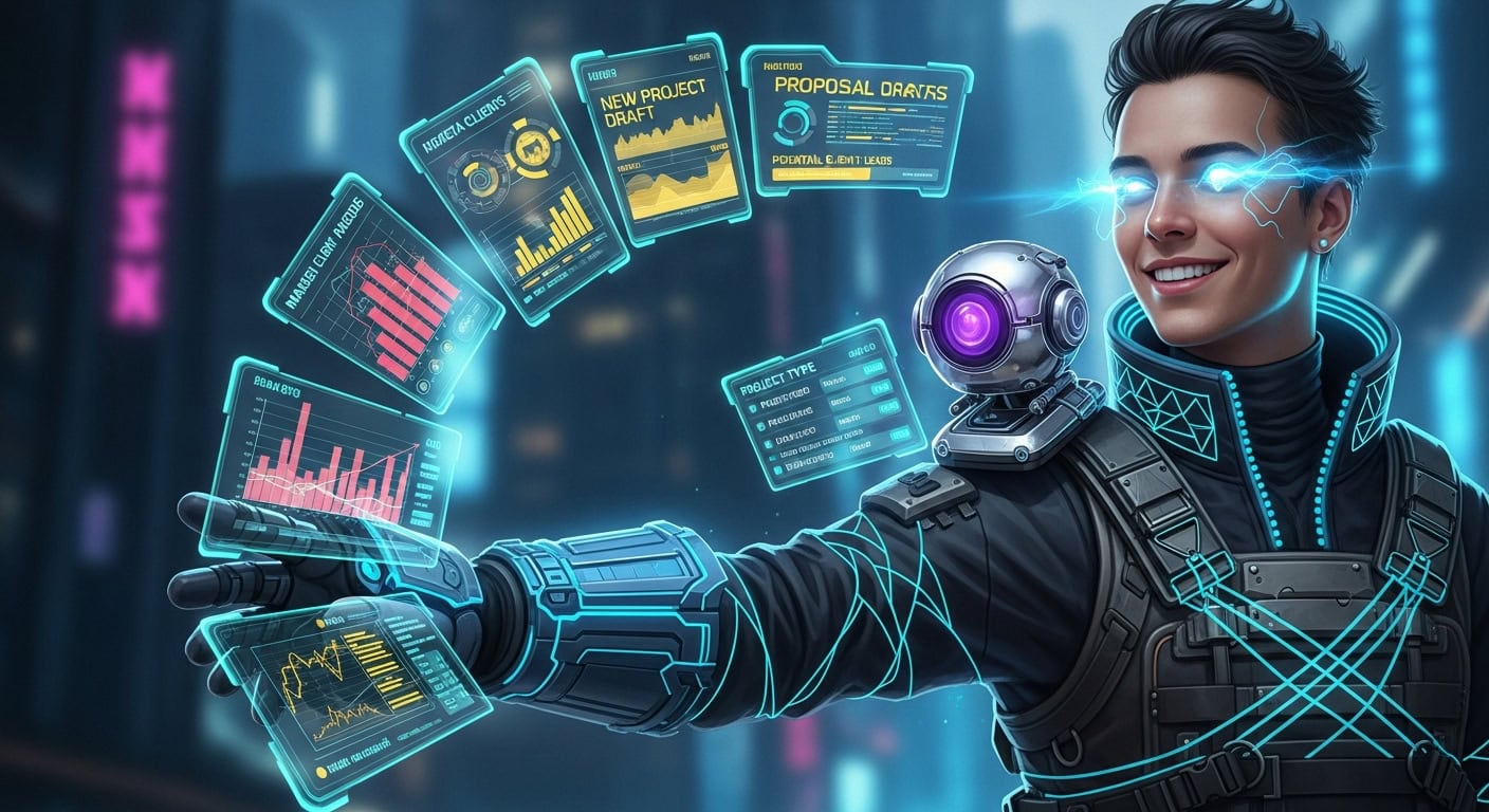 A futuristic anime freelancer uses advanced AI freelance automation to acquire clients, with holographic screens showing data and proposals.