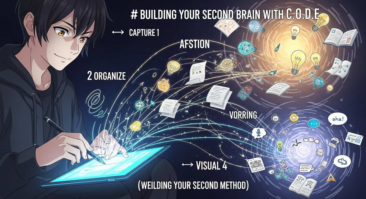 Anime style visual representation of the CODE method (Capture, Organize, Distill, Express), illustrating the dynamic process of managing knowledge and creativity when you build a second brain.