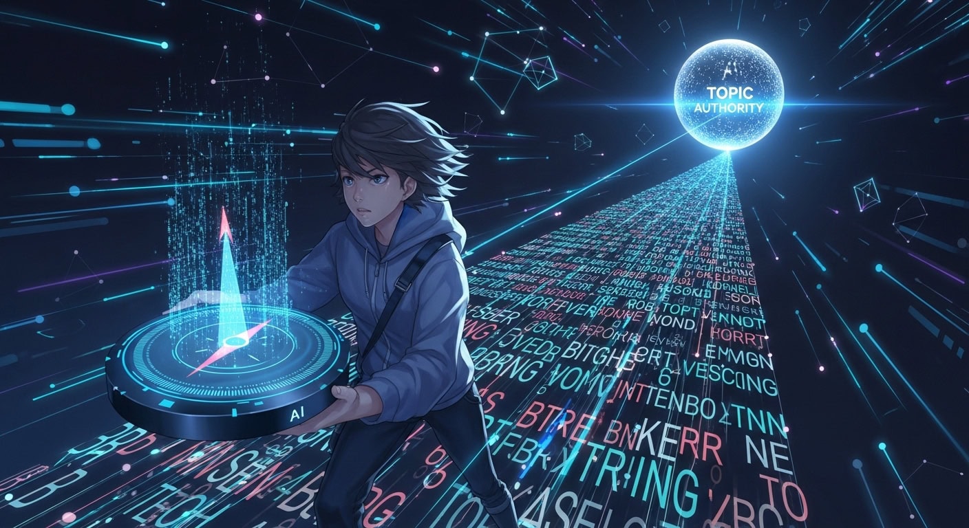 An illustration showing how large language models for content can conquer SEO by navigating complex keyword data and building topic authority.