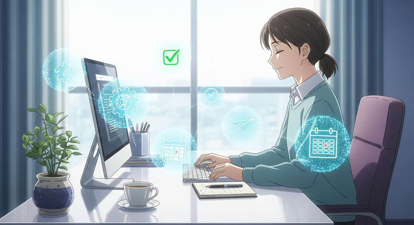 An anime-style illustration showing a person enjoying a state of deep work and enhanced productivity, achieved through insights gained from an AI time audit.