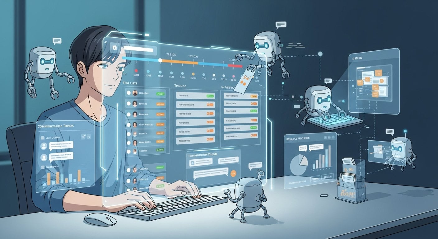 An anime freelancer manages projects with ease using AI freelance automation, with AI bots handling tasks and updates on a futuristic dashboard.
