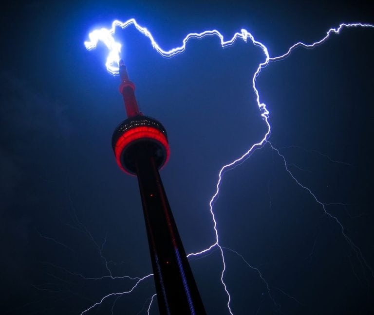 Lightning strike on a tall tower
