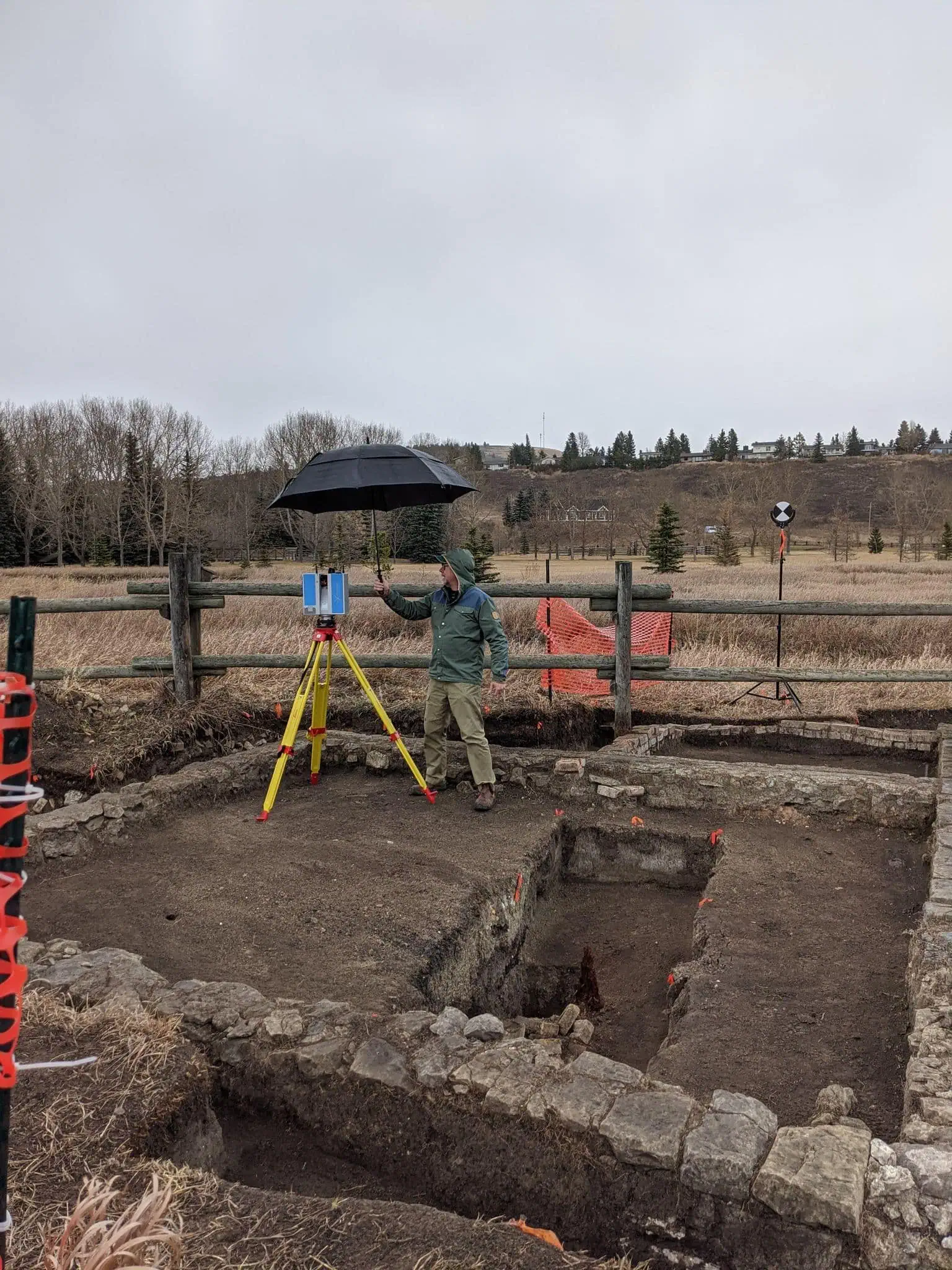Dr Pete Dawson protecting the scanner from a rain shower with an umbrella, November 2020.