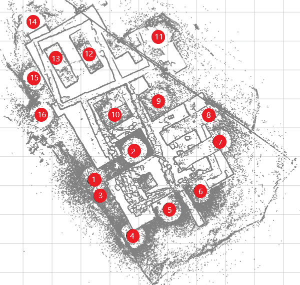 Plan of scanning locations and building footings at the Cochrane Ranche archaeological site, July 2020.