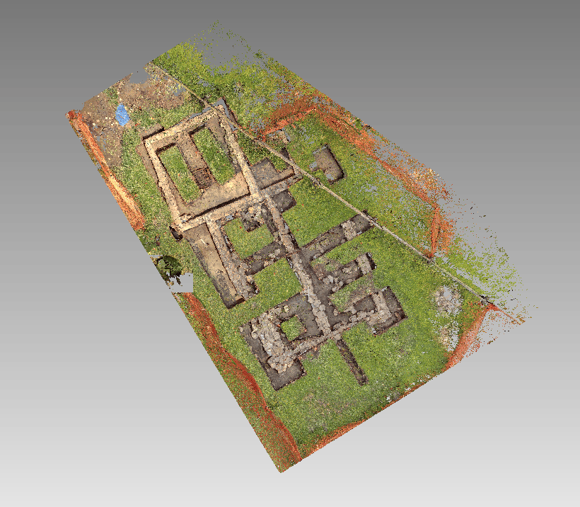 Registered and processed point cloud of laser scanning data of building footings from the Cochrane Ranche archaeological site, July 2020.