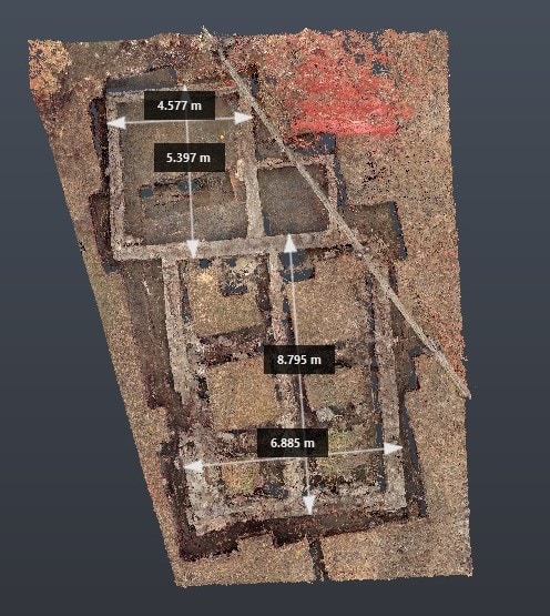 Plan view of the excavated building foundations at Cochrane Ranche in Autodesk Recap with measurements.