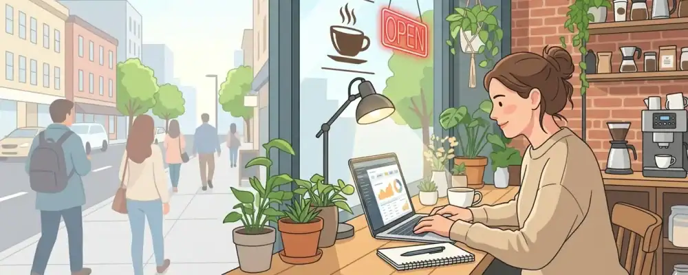 A clip art illustration of a smiling woman working on her laptop inside a coffee shop with an 'Open' sign. Her screen shows rising analytics charts, symbolizing how SEO brings small businesses out of the shadows and attracts new customers.