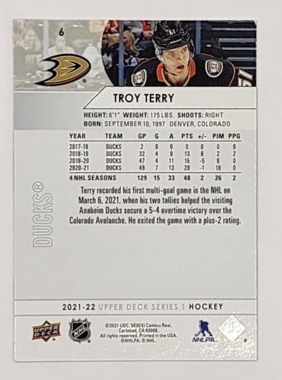 Troy Terry Upper Deck 2021 NHL Card #6 Anaheim Ducks Back
