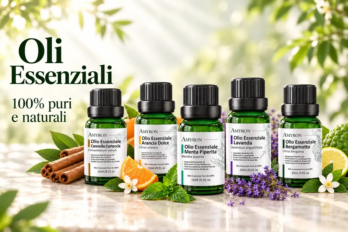 Oli essenziali AMYRON di cannella corteccia, arancia dolce, menta piperita, lavanda e bergamotto con ingredienti botanici
