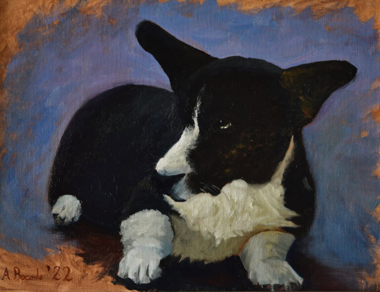 An oil painting of a corgi cardigan pet painted by Andrea Bocedi