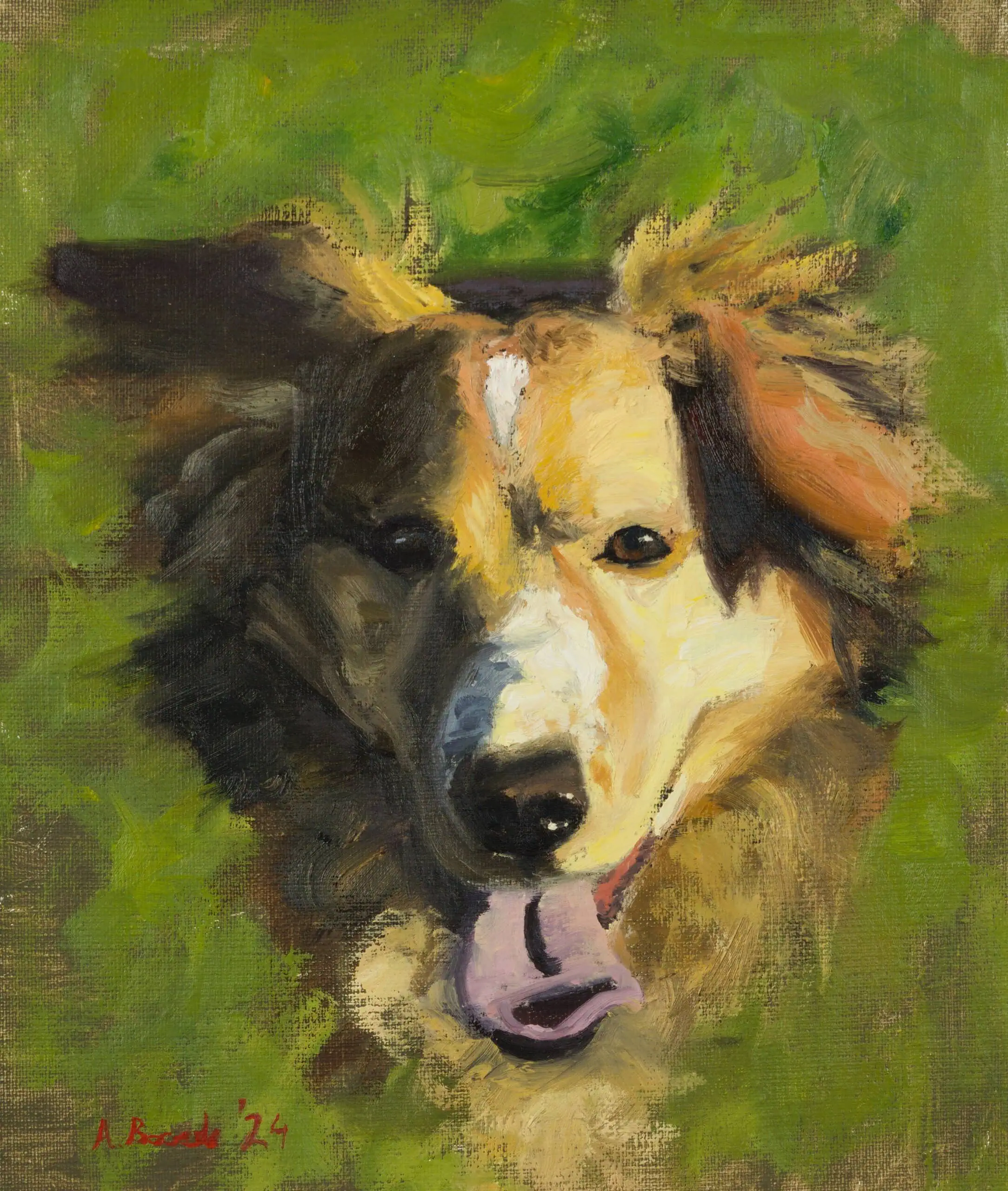 Custom oil portrait of Nela, a black, white and tan dog, painted against a fresh green background.