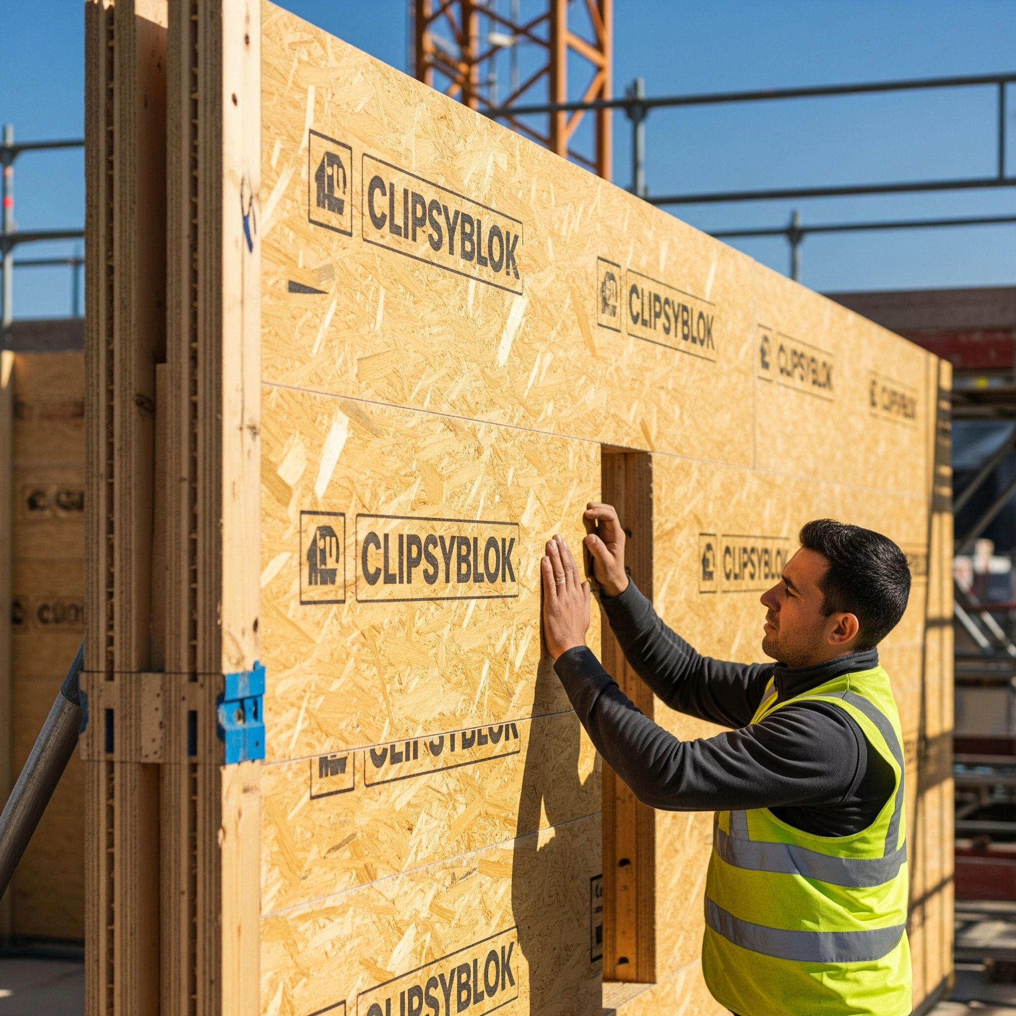 Un ouvrier assemble les blocs pré isolés pour une maison en kit clipsyblok