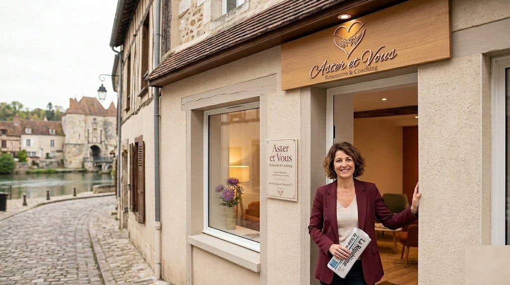 Cécile Matakias fondatrice d'Aster et Vous agence de rencontre et coaching à Moret-Loing-et-Orvanne Seine-et-Marne 77, tenant La République de Seine-et-Marne devant son agence