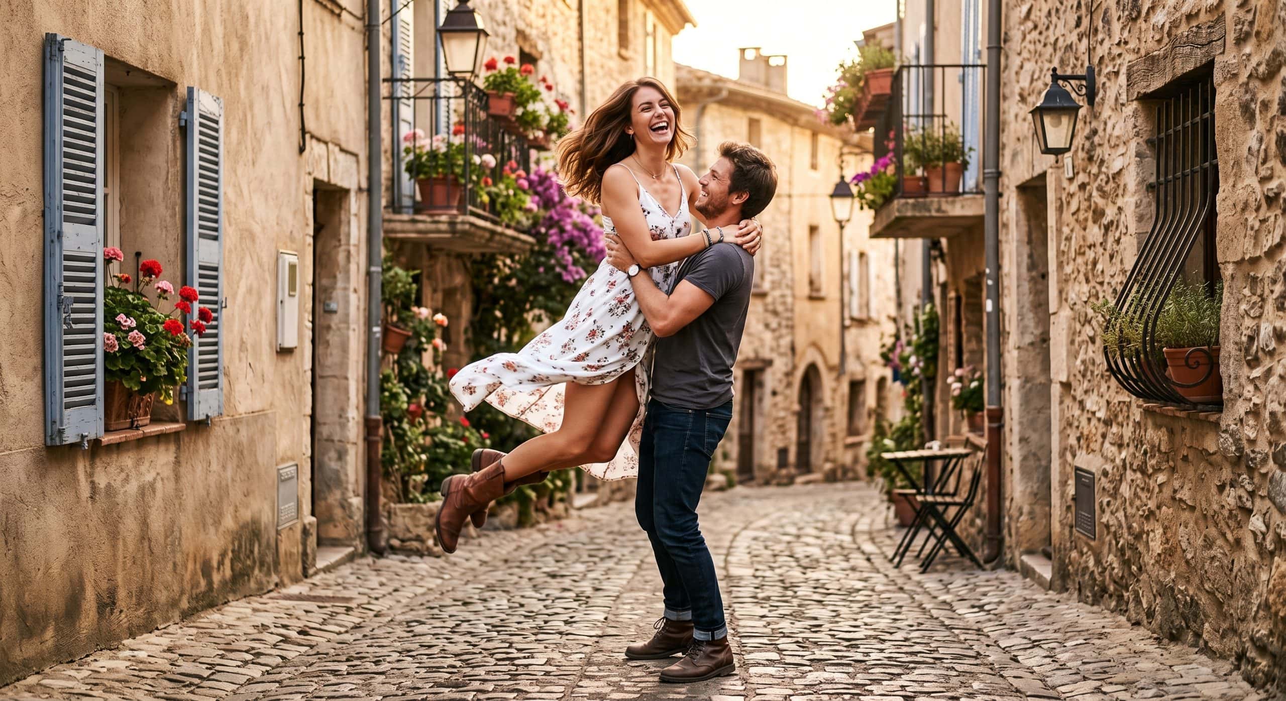Couple heureux dans une ruelle pavée de village, en Seine-et-Marne