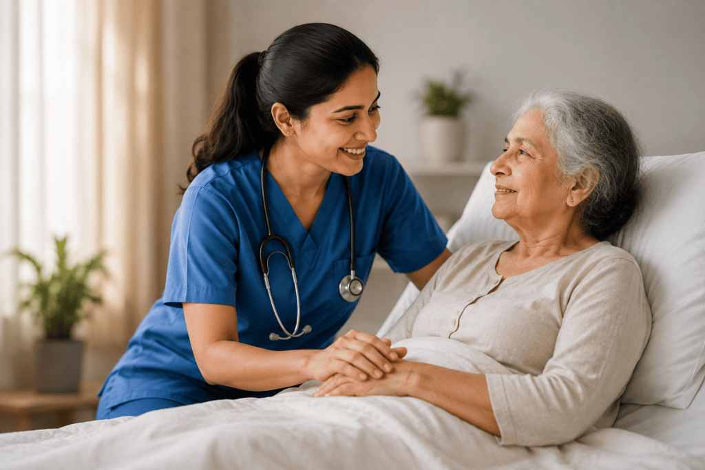 Compassionate home healthcare nurse providing palliative care support to an elderly patient in Chennai.
