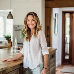 Smiling woman behind modern rustic kitchen